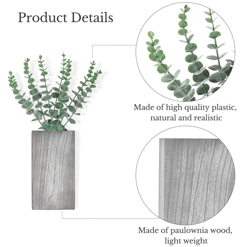 Dahey 2 Pack Wood Wall Planter Vase with Artificial Eucalyptus Farmhouse Wall Hanging Decor Pocket Planter for Indoor Fake Plants Greenery, Living Room Bedroom Kitchen Home Office Decoration, Grey - Image 4