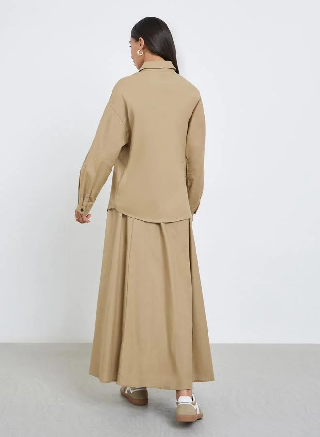Amirah Amirah Beige Cotton Linen Shirt and Skirt Modest Co-Ords