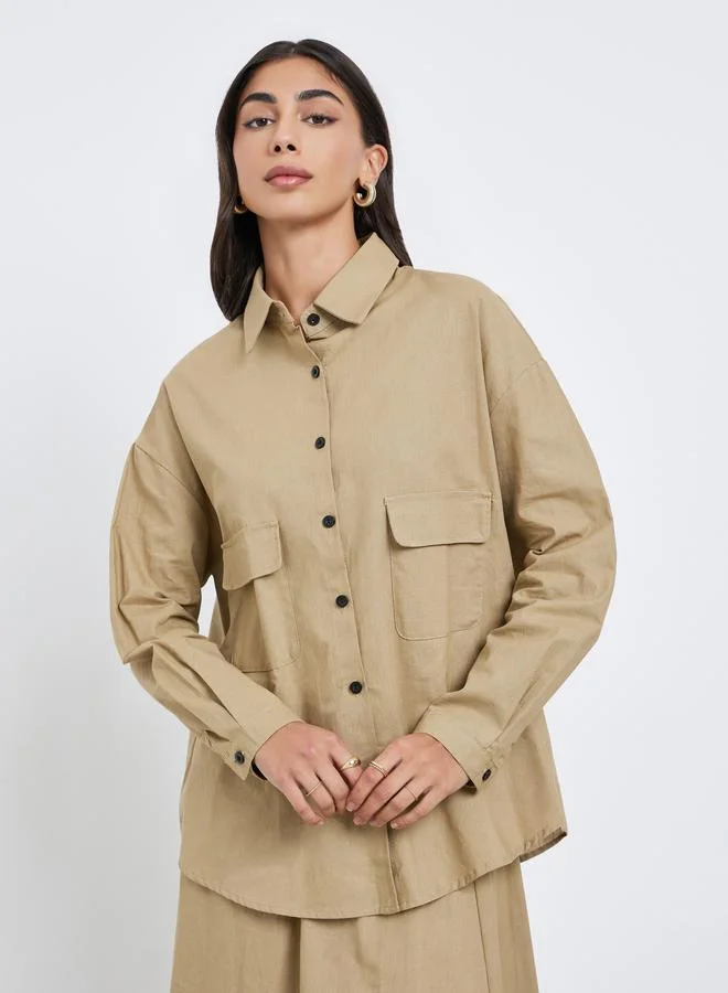 Amirah Amirah Beige Cotton Linen Shirt and Skirt Modest Co-Ords