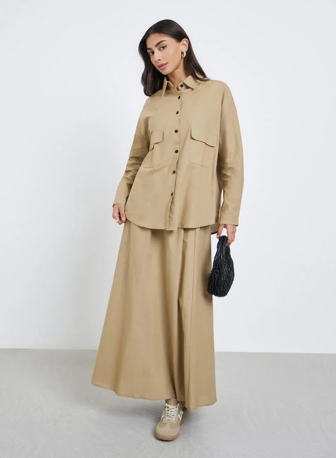 Amirah Amirah Beige Cotton Linen Shirt and Skirt Modest Co-Ords