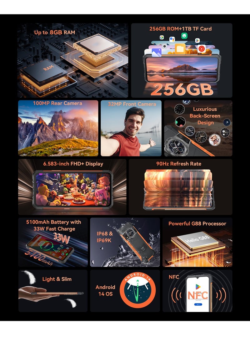 Cubot KINGKONG ACE 3 Rugged Phone 6.583'' 90Hz FHD+ Display Android 14 8GB RAM 256GB ROM 100MP + 32MP Camera Waterproof Rugged Slim Mobile Fast Charging 5100mAh Battery Black-Orange  - Image 2