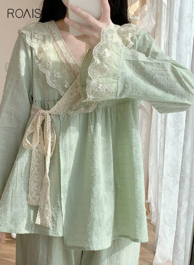 roaiss Women's Princess Style Pajamas Set for Women Japanese Inspired Autumn Long-Sleeve Top and Trousers Two-Piece Set with Cute Lace Details, Cozy Home Wear for Cool Seasons - Image 3