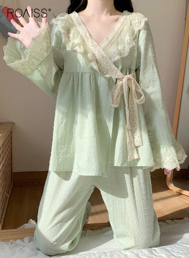 roaiss Women's Princess Style Pajamas Set for Women Japanese Inspired Autumn Long-Sleeve Top and Trousers Two-Piece Set with Cute Lace Details, Cozy Home Wear for Cool Seasons - Image 2