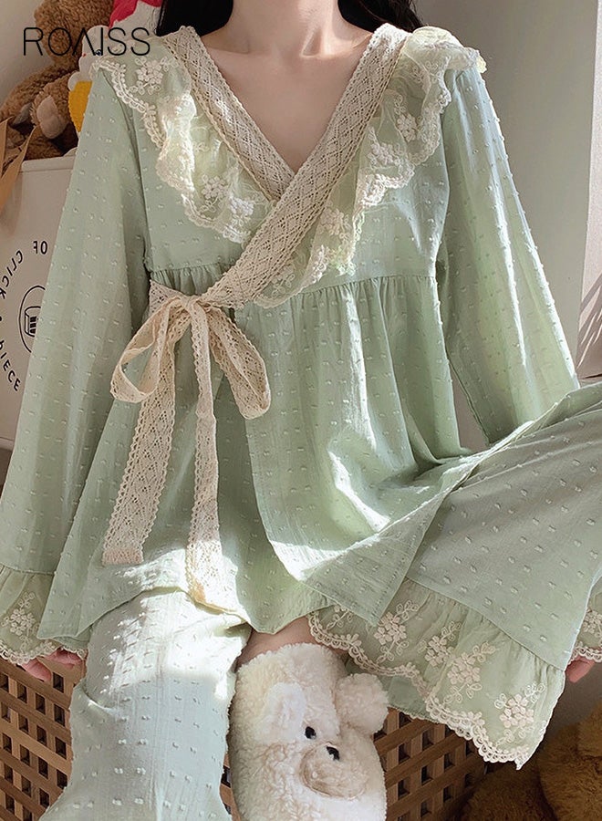 roaiss Women's Princess Style Pajamas Set for Women Japanese Inspired Autumn Long-Sleeve Top and Trousers Two-Piece Set with Cute Lace Details, Cozy Home Wear for Cool Seasons - Image 1