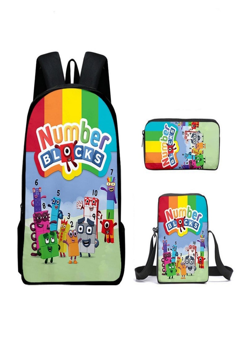 حقيبة ظهر للأطفال NumberBlocks حقيبة مدرسية للطلاب المراهقين مع صندوق غداء وحافظة أقلام 3 في 1 للأطفال
