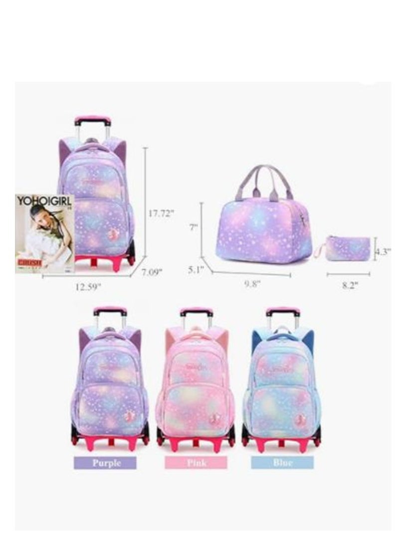 Golden Kids Rolling Backpack，3 Pcs Trolley School Bag Set with Starry-Sky Print，Wheel Backpack with 6 Wheels ，Wheel Trolley Bag for School  - Image 2