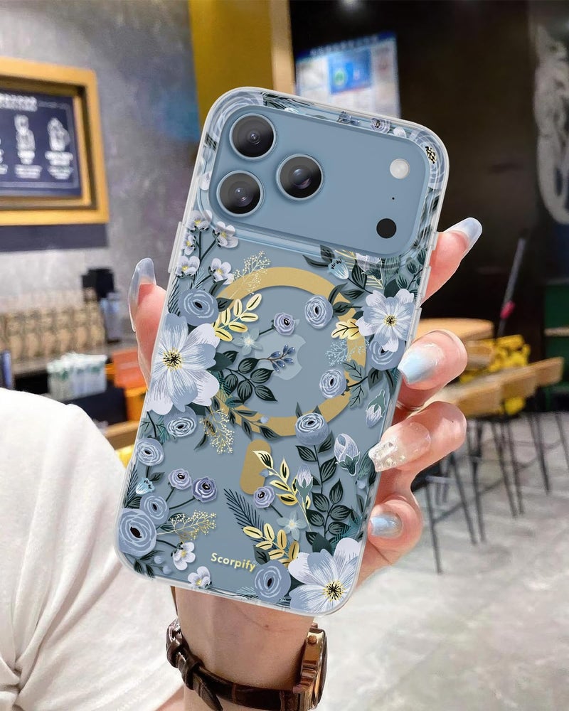 SCORPIFY for iPhone 17 Pro Case [Compatible with MagSafe] with Blue Nemophila Floral Design, Cute Clear Flower Magnetic Phone Cover for Women Girls,[Non Yellowing] Slim Bumper with Gold Accents - Image 3