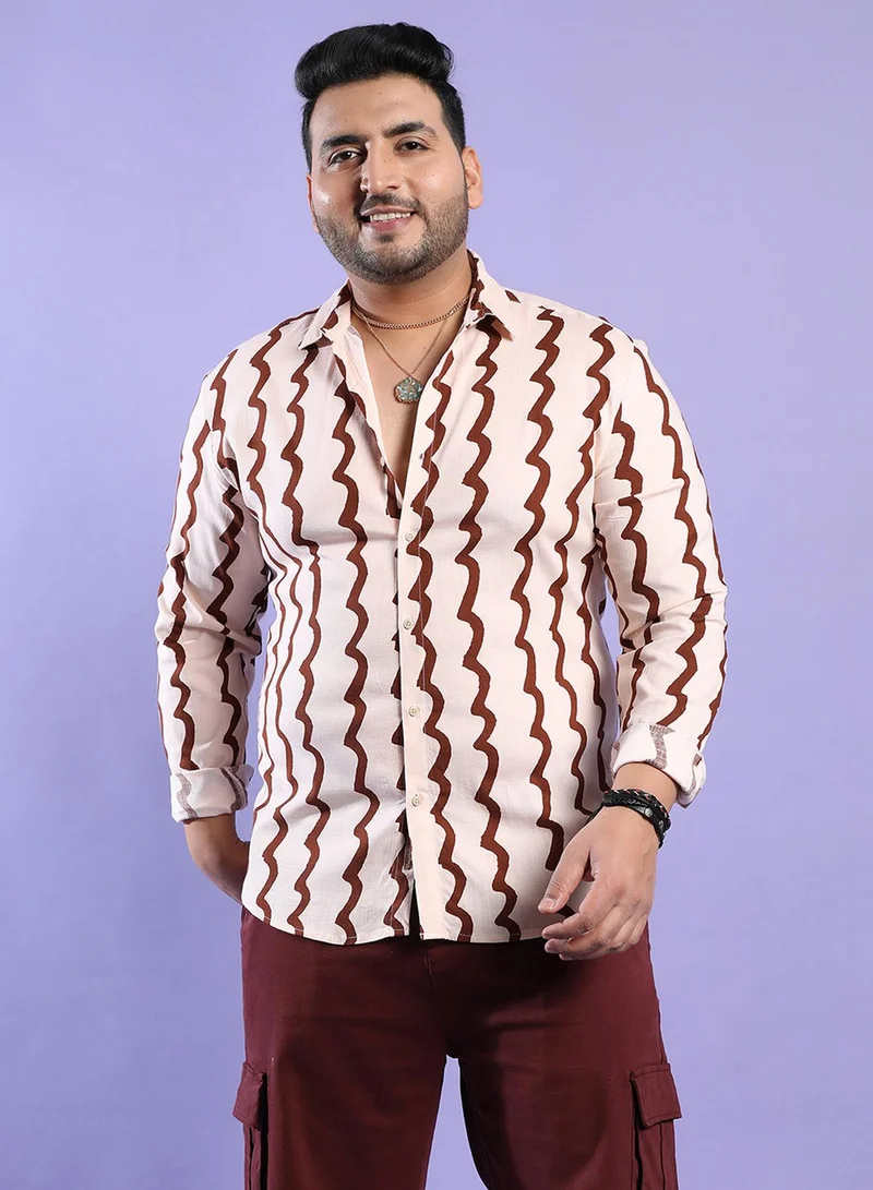 Instafab Plus Instafab Plus Men's Beige & Brown Contrast Paint Lines Shirt For Casual Wear | Spread Collar | Long Sleeve | Button Closure | Viscose Slub Lycra Shirt Crafted With Comfort Fit For Everyday Wear