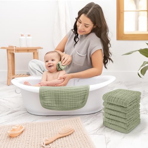 Comfy Cubs Muslin Baby Washcloths 10 Pack Soft 6Layer Cotton Wash Cloths for Sensitive Skin 10x10 Large Gentle Absorbent Infant Essentials for Newborn and Toddlers Sage - Image 3