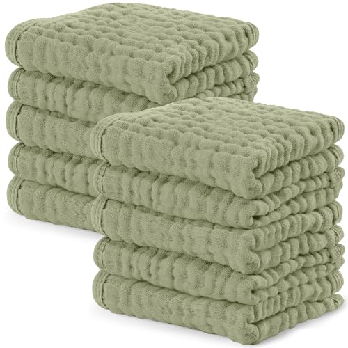 Comfy Cubs Muslin Baby Washcloths 10 Pack Soft 6Layer Cotton Wash Cloths for Sensitive Skin 10x10 Large Gentle Absorbent Infant Essentials for Newborn and Toddlers Sage - Image 1