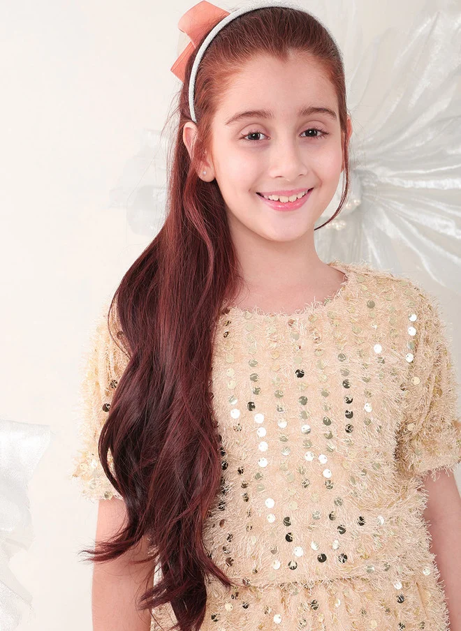 Bonkids BONKIDS Beige Satin Fit & Flare Dress with Flared Sleeves