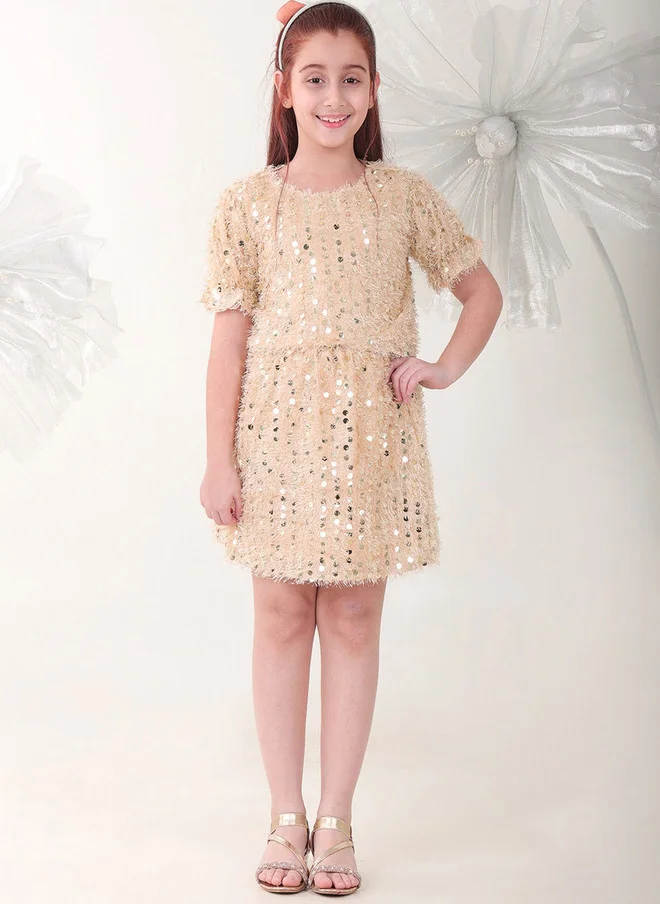 Bonkids BONKIDS Beige Satin Fit & Flare Dress with Flared Sleeves