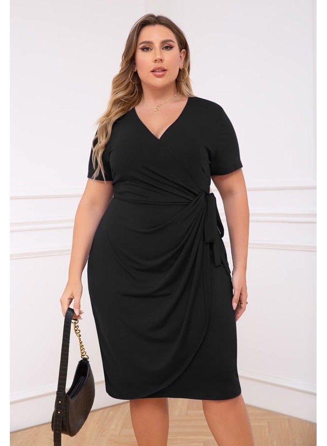 Nemidor Womens Plus Size Ruched Wrap Dress Pleated Bodycon Midi Casual Party Work Dress NEM303, Black, 18 Plus - Image 2