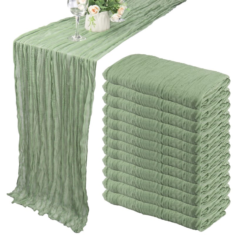 Fivenl 12 Pack 10Ft Cheesecloth Table Runner 35x120 Inch Boho Gauze Table Runner Cheese Cloth Long Romantic Table Runners for Wedding Bridal Shower Birthday Party Table Decor (Dusty Sage Green) - Image 1