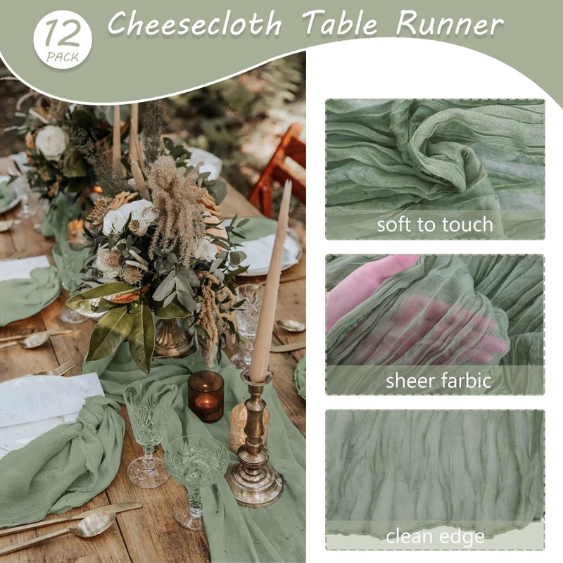 Fivenl 12 Pack 10Ft Cheesecloth Table Runner 35x120 Inch Boho Gauze Table Runner Cheese Cloth Long Romantic Table Runners for Wedding Bridal Shower Birthday Party Table Decor (Dusty Sage Green) - Image 4