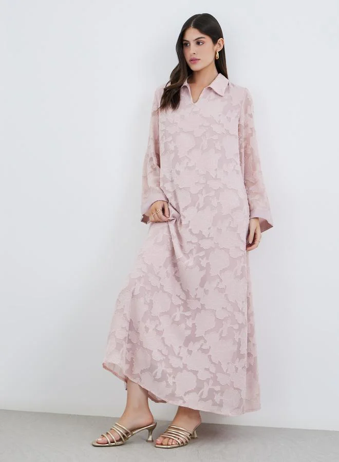 Styli Styli Women Pink Jacquard Jalabiya with Collar and Placket Detail