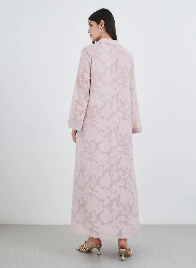 Styli Women Pink Jacquard Jalabiya with Collar and Placket Detail