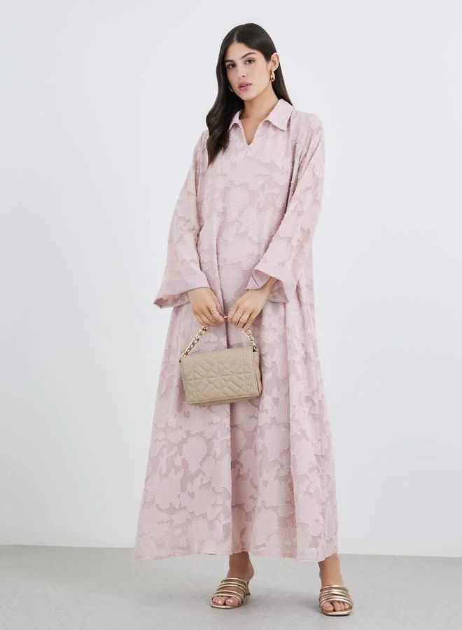 Styli Styli Women Pink Jacquard Jalabiya with Collar and Placket Detail
