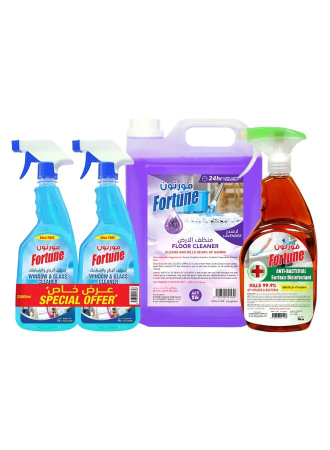 Fortune Home Cleaning Saver Bundle with Glass cleaner 2x800ML + Lavender floor cleaner 5L + Surface spray 750 ML - Image 1