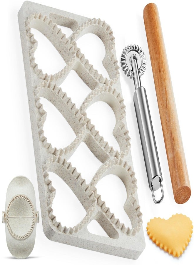 MUMSUNG Ravioli Maker Press, Ravioli Press Mold Set - Heart Ravioli Stamp Maker Cutter with Wood Rolling Pin, 2.6" Empanada Maker Press Kit and Ravioli Wheel, Makes 6 Ravioli - Image 1