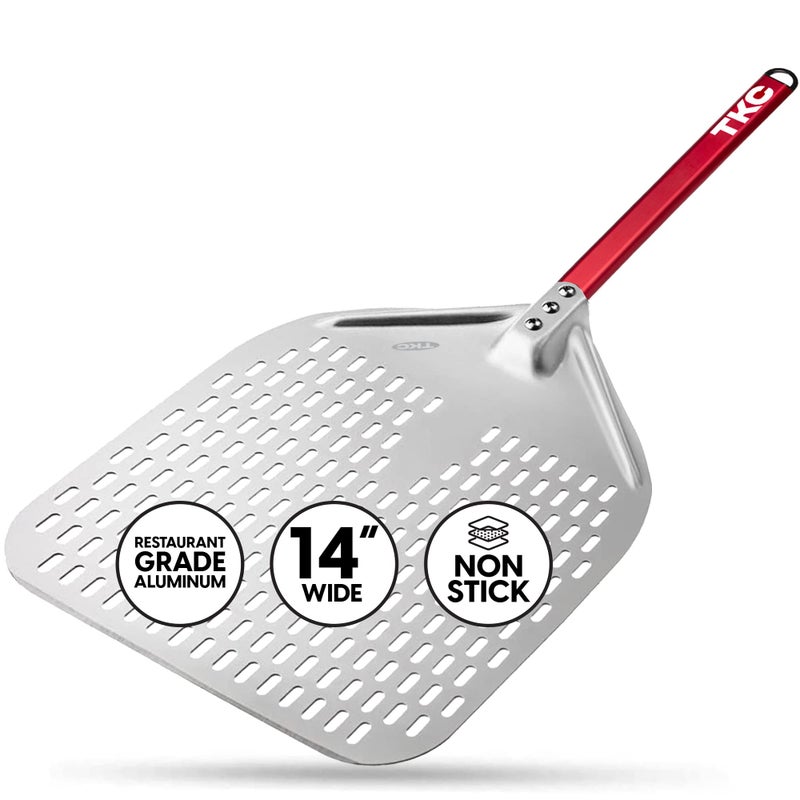 TKC 14 Perforated Pizza Peel  31 Inch Long Handle Perforated Aluminium Pizza Paddle  Lightweight Pizza Turning Peel  Commercial Grade Pizza Spatula  Outdoor Pizza Oven Accessories  SilverRed