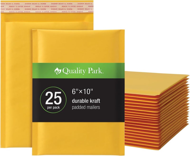 Quality Park Bubble Mailers, 6 x 10 Inch, Kraft Padded Envelopes, Durable Brown Shipping Envelopes, Self Seal Closure, 25 Per Box (QUA95001) - Image 1
