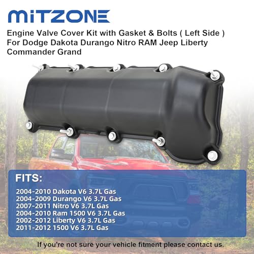 MITZONE Left Side Engine Valve Cover Kit with Gasket & Bolts Compatible with 2002-2012 Dodge Dakota Durango Nitro RAM 1500 Jeep Commander Liberty 3.7L Replace# 53020995 53021937AB 53021937AC - Image 3