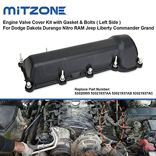 MITZONE Left Side Engine Valve Cover Kit with Gasket & Bolts Compatible with 2002-2012 Dodge Dakota Durango Nitro RAM 1500 Jeep Commander Liberty 3.7L Replace# 53020995 53021937AB 53021937AC - Image 2
