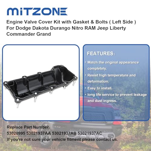 MITZONE Left Side Engine Valve Cover Kit with Gasket & Bolts Compatible with 2002-2012 Dodge Dakota Durango Nitro RAM 1500 Jeep Commander Liberty 3.7L Replace# 53020995 53021937AB 53021937AC - Image 4
