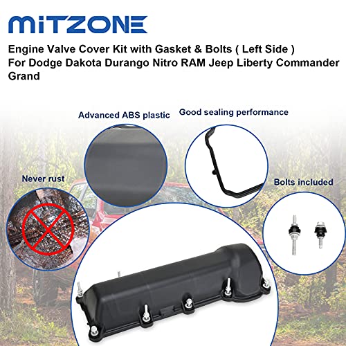 MITZONE Left Side Engine Valve Cover Kit with Gasket & Bolts Compatible with 2002-2012 Dodge Dakota Durango Nitro RAM 1500 Jeep Commander Liberty 3.7L Replace# 53020995 53021937AB 53021937AC - Image 5