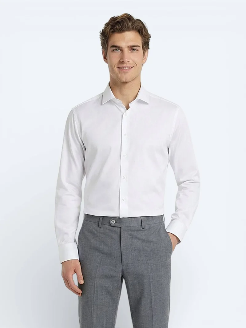 Kip White Plain Regular Fit Long Weaving Classical 100% Cotton Shirt
