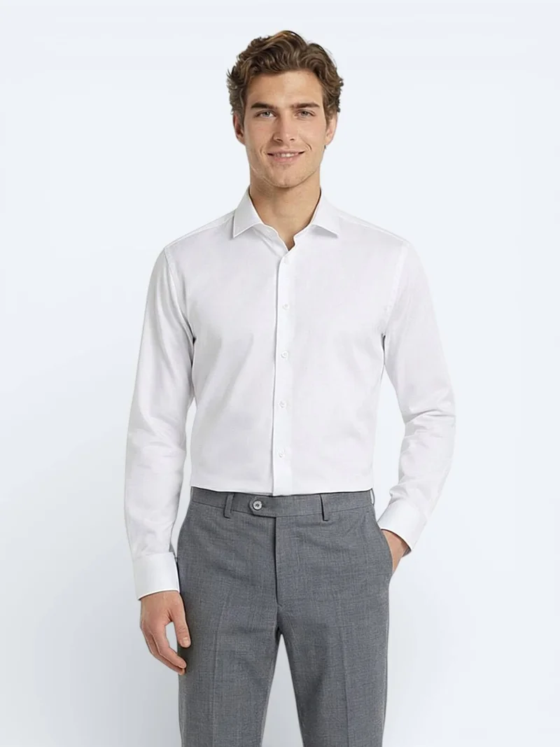 Kip White Plain Regular Fit Long Weaving Classical 100% Cotton Shirt