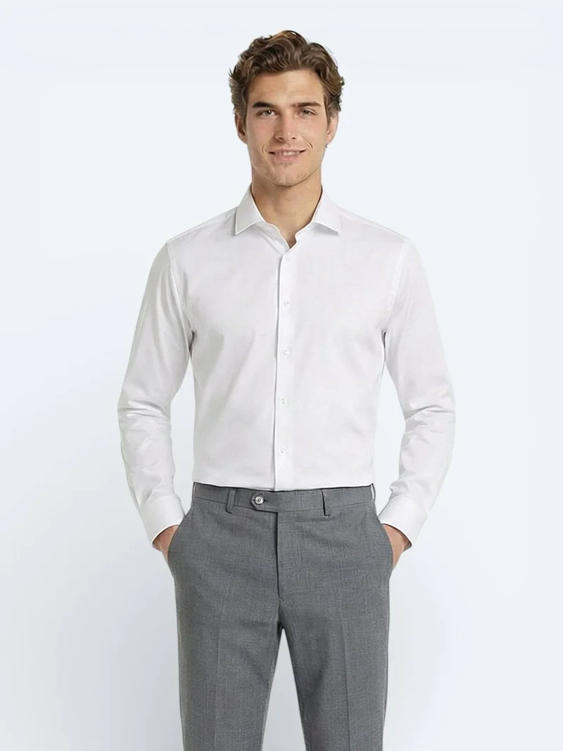 Kip White Plain Regular Fit Long Weaving Classical 100% Cotton Shirt