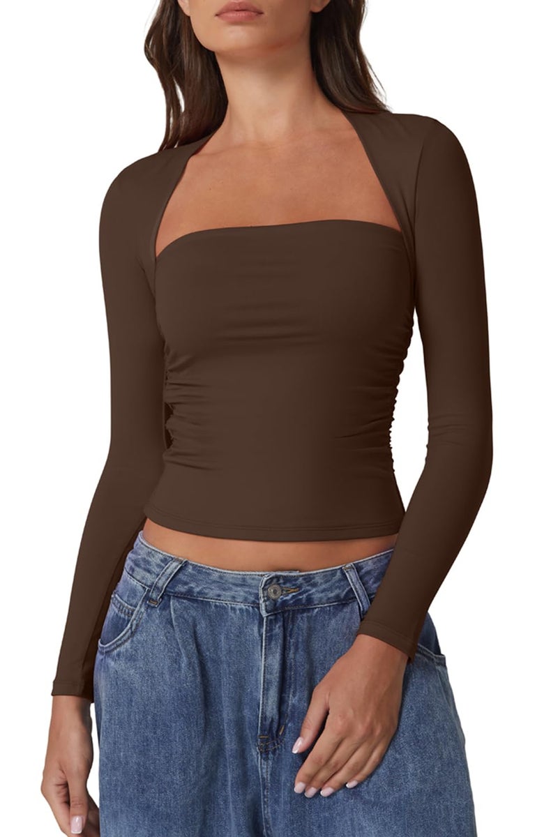 QINSEN Fitted Tops for Women Full Back Double Lined High Stretch Square Neck Tee Shirts Chestnut M - Image 1