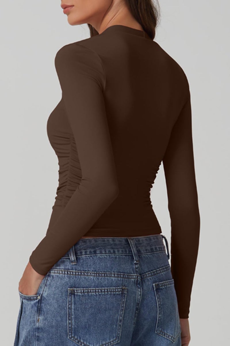 QINSEN Fitted Tops for Women Full Back Double Lined High Stretch Square Neck Tee Shirts Chestnut M - Image 2