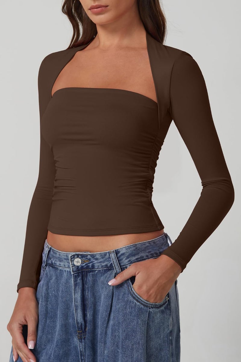 QINSEN Fitted Tops for Women Full Back Double Lined High Stretch Square Neck Tee Shirts Chestnut M - Image 4