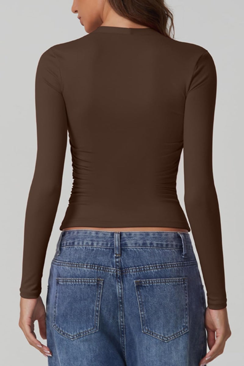 QINSEN Fitted Tops for Women Full Back Double Lined High Stretch Square Neck Tee Shirts Chestnut M - Image 5