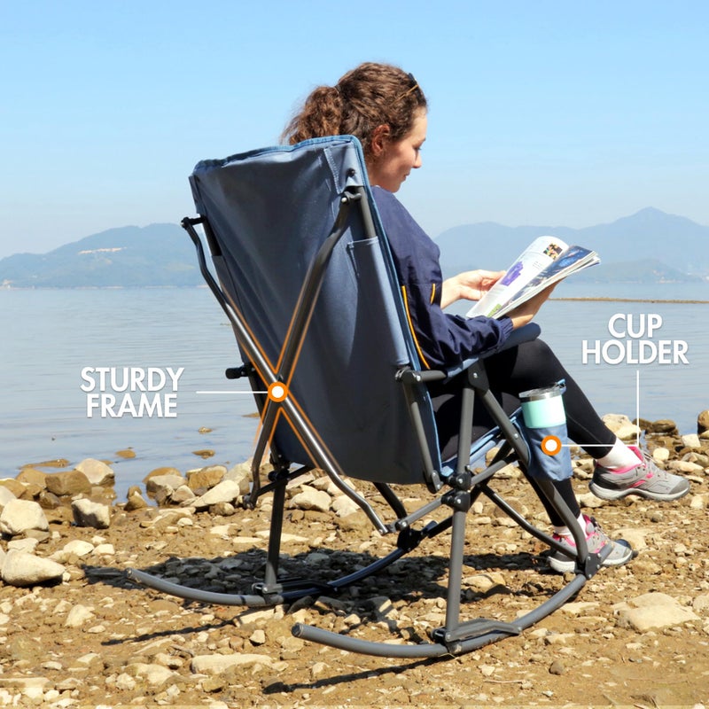 Portal Oversized Folding Rocking Camping Chair Portable Outdoor Rocker with High Back Hard Armrests Carry Bag, Supports 400 lbs, Padded Back, Blue Grey - Image 2