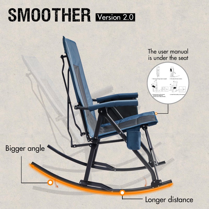 Portal Oversized Folding Rocking Camping Chair Portable Outdoor Rocker with High Back Hard Armrests Carry Bag, Supports 400 lbs, Padded Back, Blue Grey - Image 5