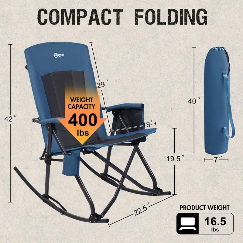 Portal Oversized Folding Rocking Camping Chair Portable Outdoor Rocker with High Back Hard Armrests Carry Bag, Supports 400 lbs, Padded Back, Blue Grey - Image 4
