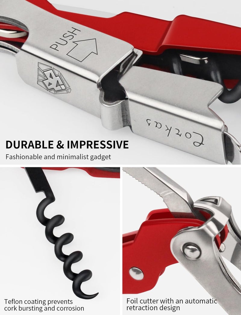 CORKAS Wine Key - Professional Handcrafted Heavy Duty Waiter Corkscrew, Compact Wine Opener with Double Hinged, Foil Cutter and Bottle Opener, Gifts for Servers, Sommelier, Bartenders - Red - Image 5