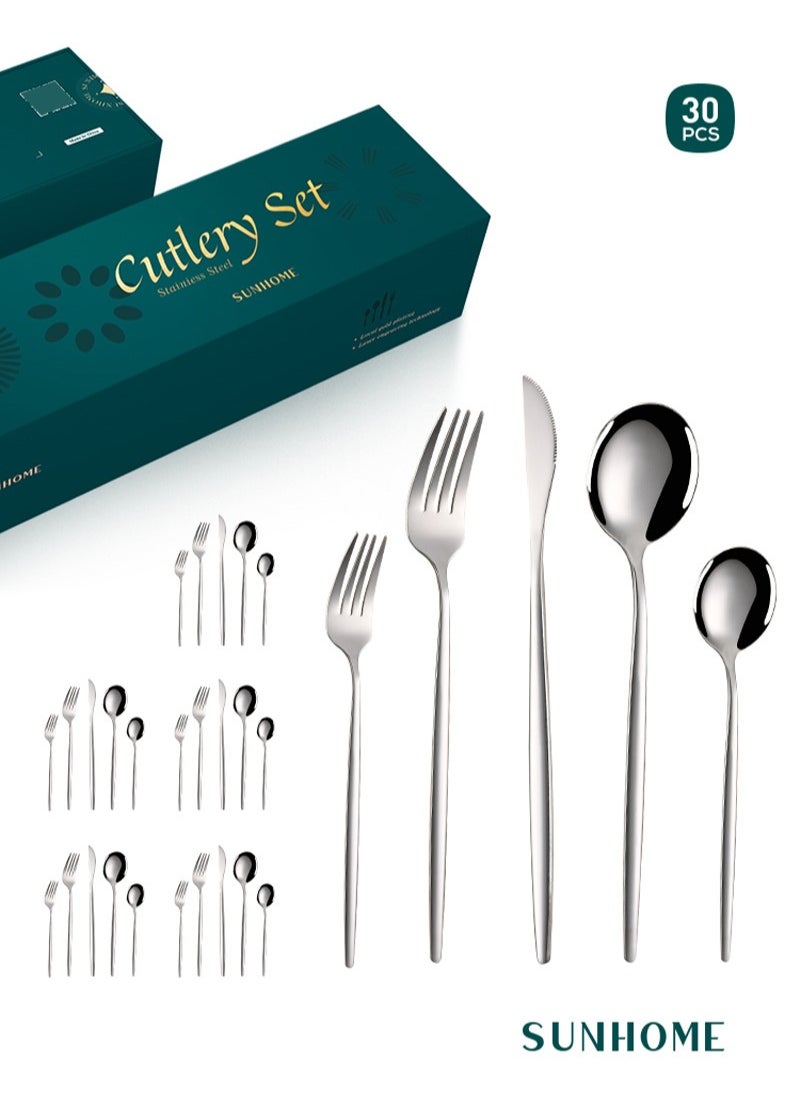 Sunhome SUNHOME 30-Piece Stainless Steel Cutlery Set Kitchen Utensil Set Western Tableware Suitable For Home Kitchen Restaurant Hotel Party Dining Picnic Dining Exquisite Packaging Gift Silver  - Image 1