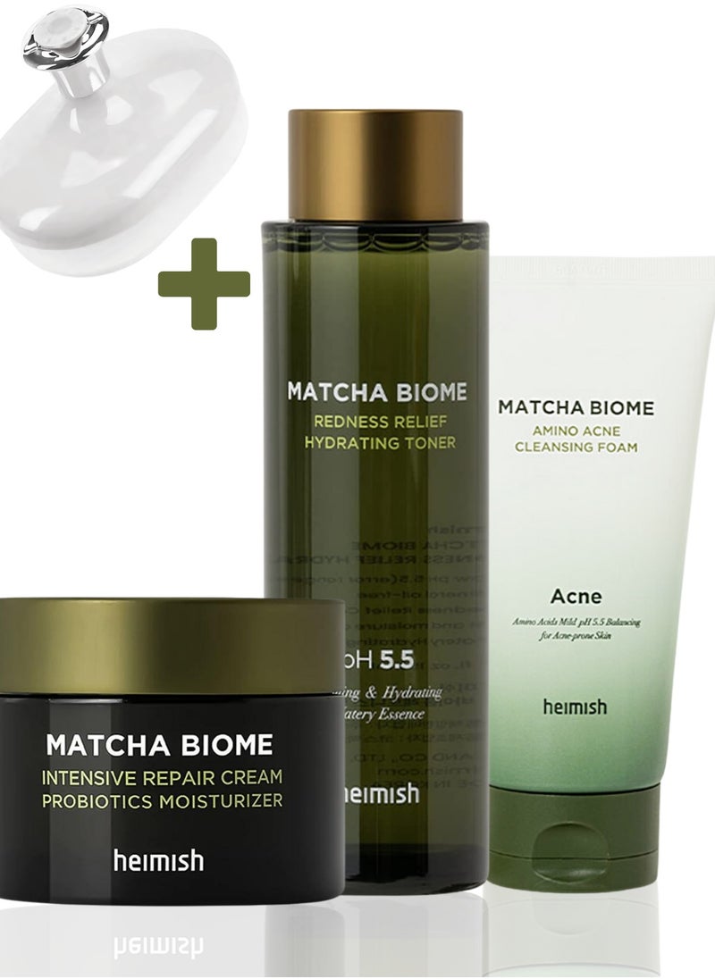 Heimish Heimish Matcha Biome Skincare Trio: Amino Acne Cleansing Foam, Redness Relief Hydrating Toner, & Intensive Repair Cream & Face Scrubber  - Image 1