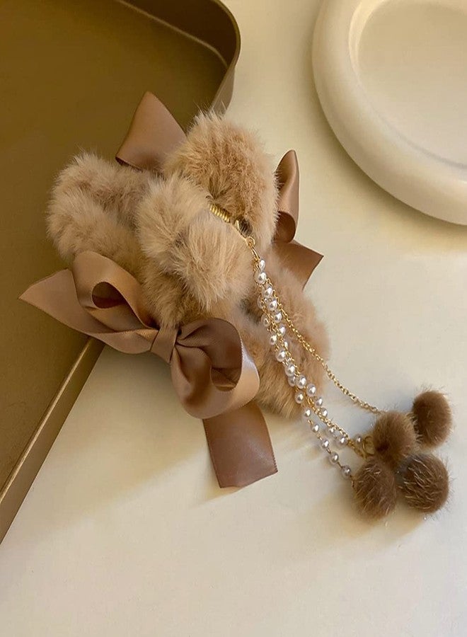 Jumwrit Furry Banana Jaw Hair Clips With Bows, Pearl Tassels and Strong Hold for Women and Girls' Fashion Hair Accessories (Pink) - Image 4