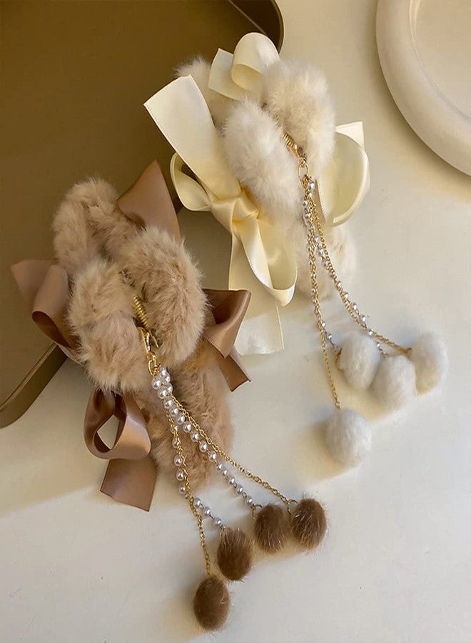 Jumwrit Furry Banana Jaw Hair Clips With Bows, Pearl Tassels and Strong Hold for Women and Girls' Fashion Hair Accessories (Pink) - Image 5