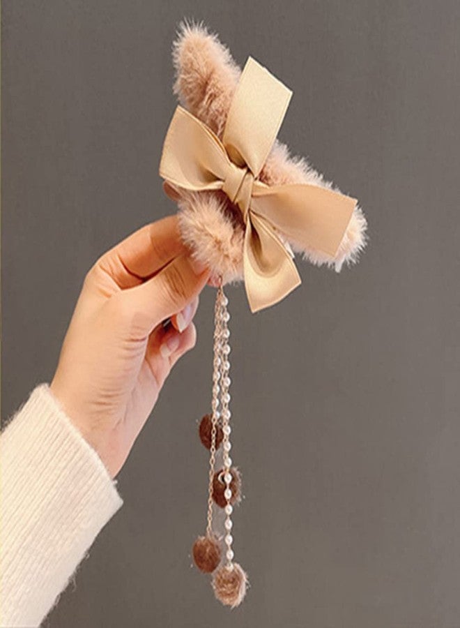 Jumwrit Furry Banana Jaw Hair Clips With Bows, Pearl Tassels and Strong Hold for Women and Girls' Fashion Hair Accessories (Pink) - Image 2