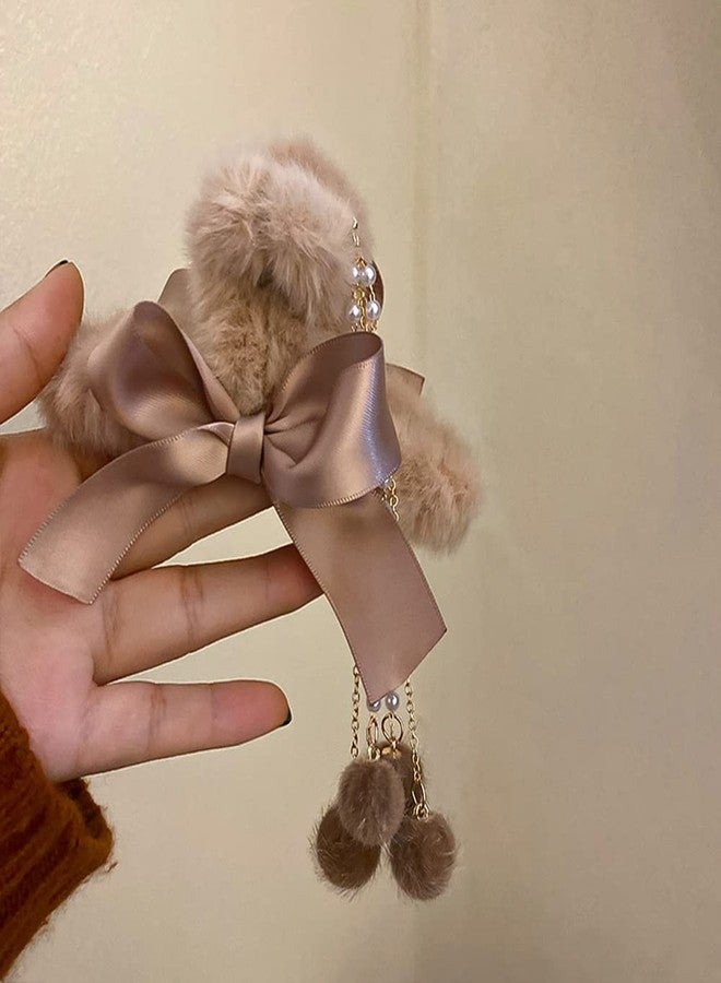 Jumwrit Furry Banana Jaw Hair Clips With Bows, Pearl Tassels and Strong Hold for Women and Girls' Fashion Hair Accessories (Pink) - Image 3