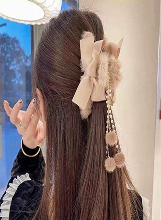 Jumwrit Furry Banana Jaw Hair Clips With Bows, Pearl Tassels and Strong Hold for Women and Girls' Fashion Hair Accessories (Pink) - Image 1