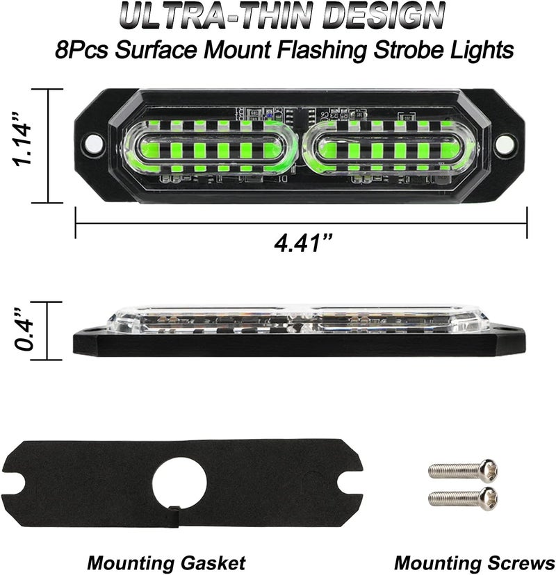 ASPL 8pcs Sync Feature Ultra Slim 12-LED Surface Mount Flashing Strobe Lights for Truck Car Vehicle LED Mini Grille Light Head Emergency Beacon Hazard Warning Lights (Green) - Image 5