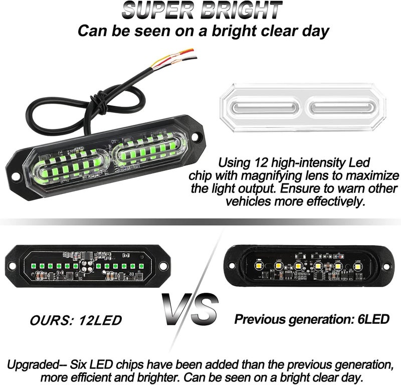 ASPL 8pcs Sync Feature Ultra Slim 12-LED Surface Mount Flashing Strobe Lights for Truck Car Vehicle LED Mini Grille Light Head Emergency Beacon Hazard Warning Lights (Green) - Image 2